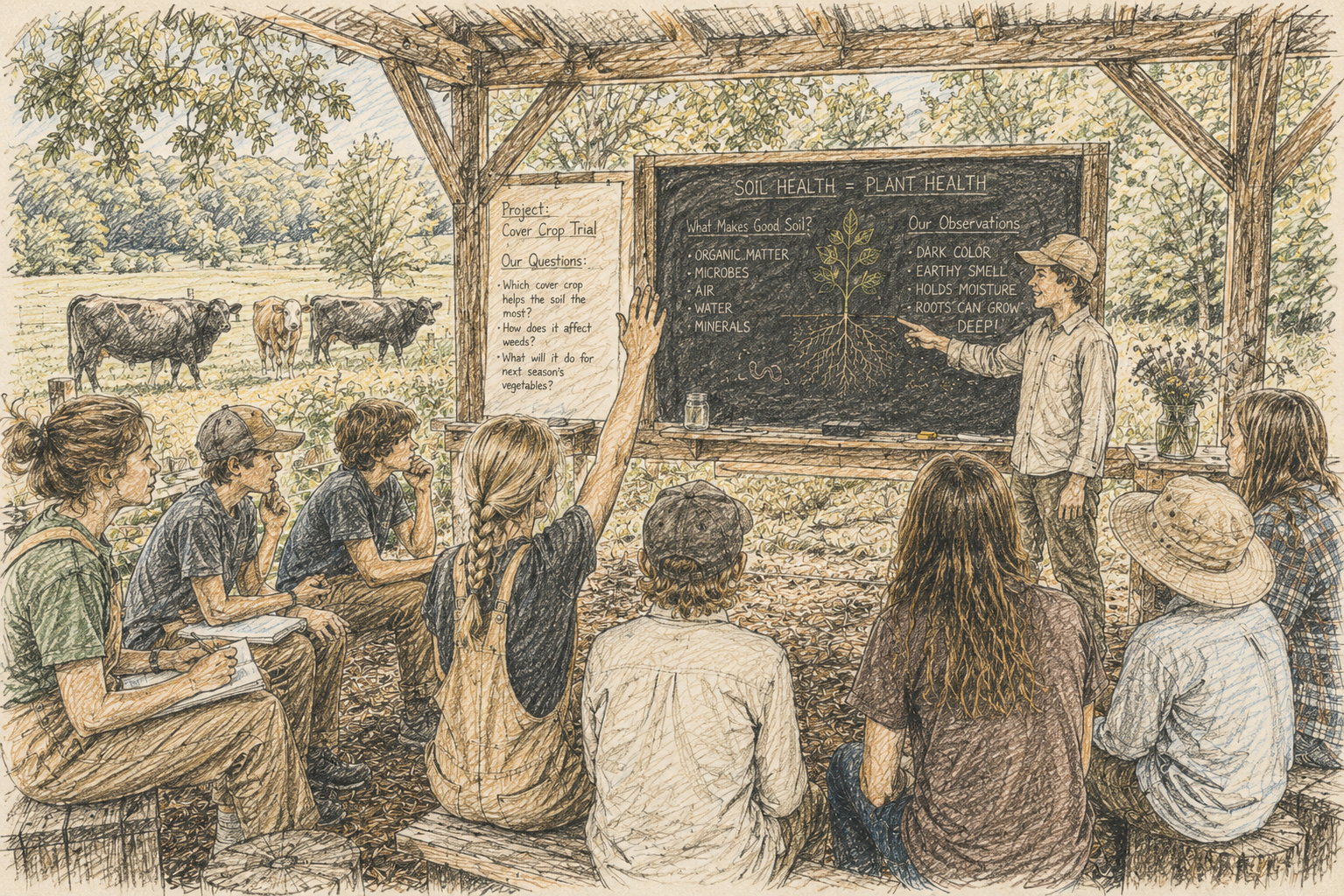 Students and instructor in an outdoor classroom with a chalkboard